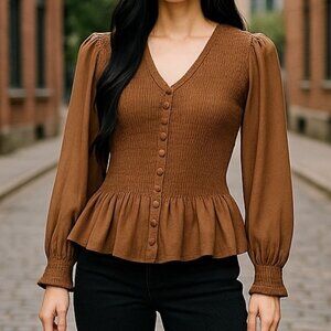 Ont Welfth Women's Top Brown Long Sleeve Smocked Size Small Blouse Pullover